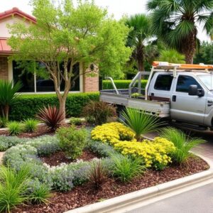 Professional commercial landscape maintenance crew at a business property in Orlando Florida