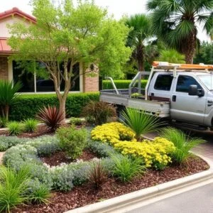 Professional commercial landscape maintenance crew at a business property in Orlando Florida