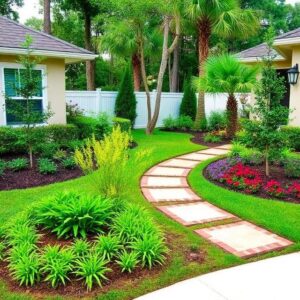 Custom landscape installation with tropical plants and stone walkway in Orlando FL