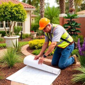 Landscape designer reviewing custom planting plans at an Orlando FL property