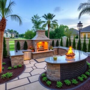 Custom outdoor kitchen and fireplace with paver patio at an Orlando FL home