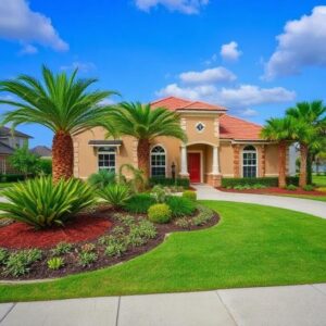 Professional landscaping with palm trees and St Augustine lawn at an Orlando FL home
