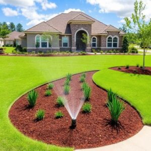 Irrigation system watering landscape beds and lawn at an Orlando FL home