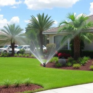 Sprinkler system running on a residential lawn with palm trees in Orlando Florida
