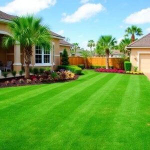 Professional lawn mowing with striped St Augustine grass at an Orlando FL home