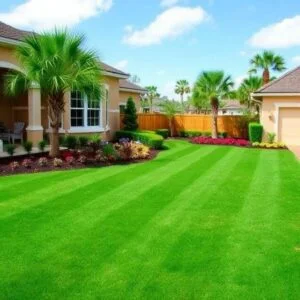 Professional lawn mowing with striped St Augustine grass at an Orlando FL home