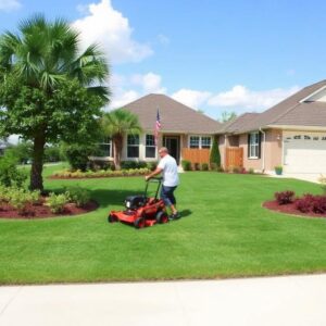 Lawn mowing service crew mowing a residential property in Orlando Florida