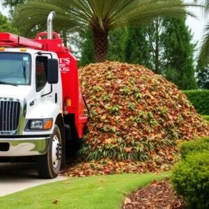 Professional leaf removal and debris collection at an Orlando FL property