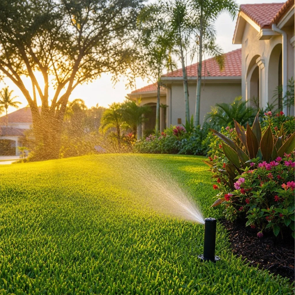 In-ground sprinkler watering a healthy St. Augustine lawn at an Orlando, Florida home