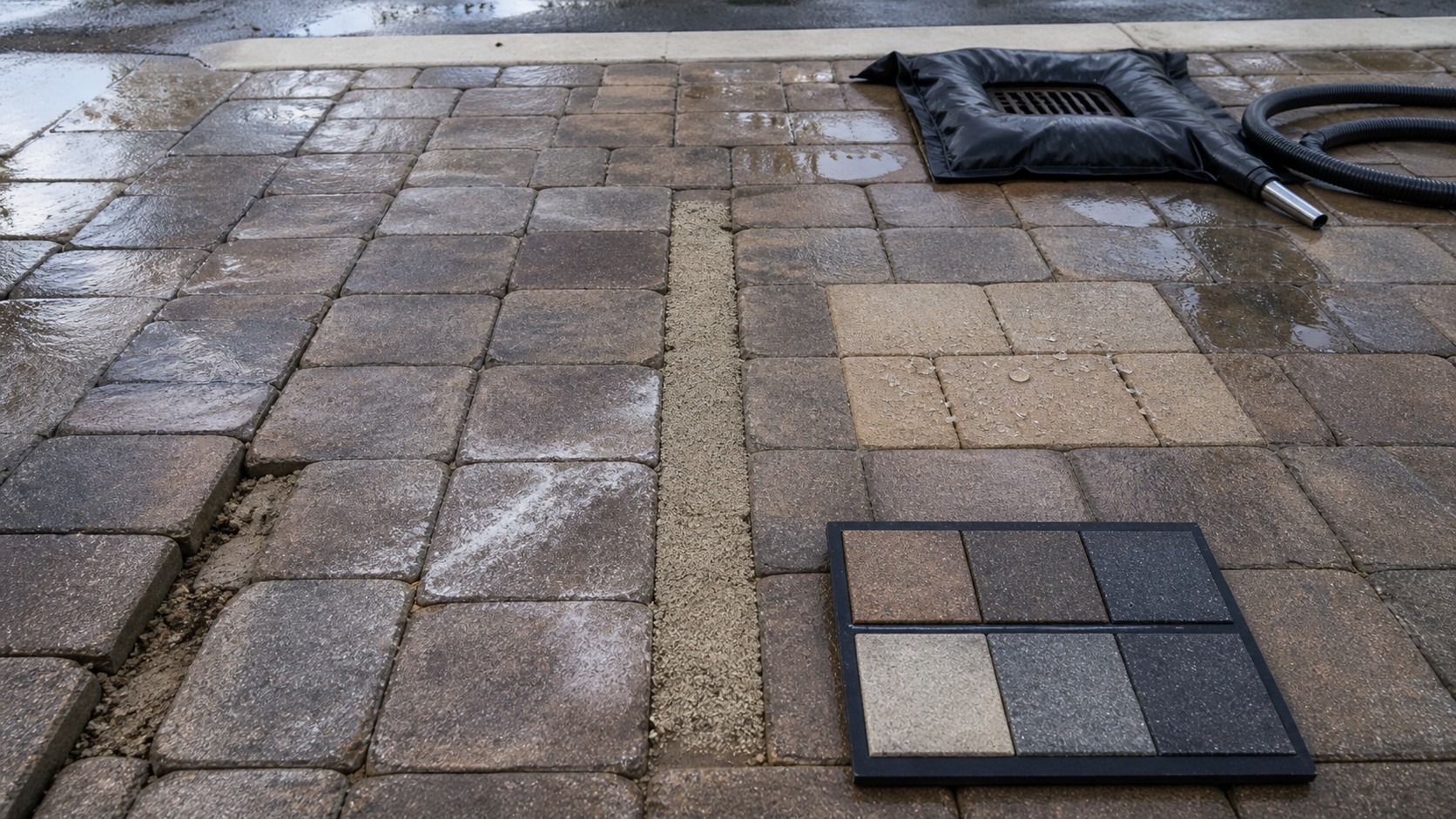 Orlando pavers with settlement, depleted joints, efflorescence, test patch, and protected storm drain