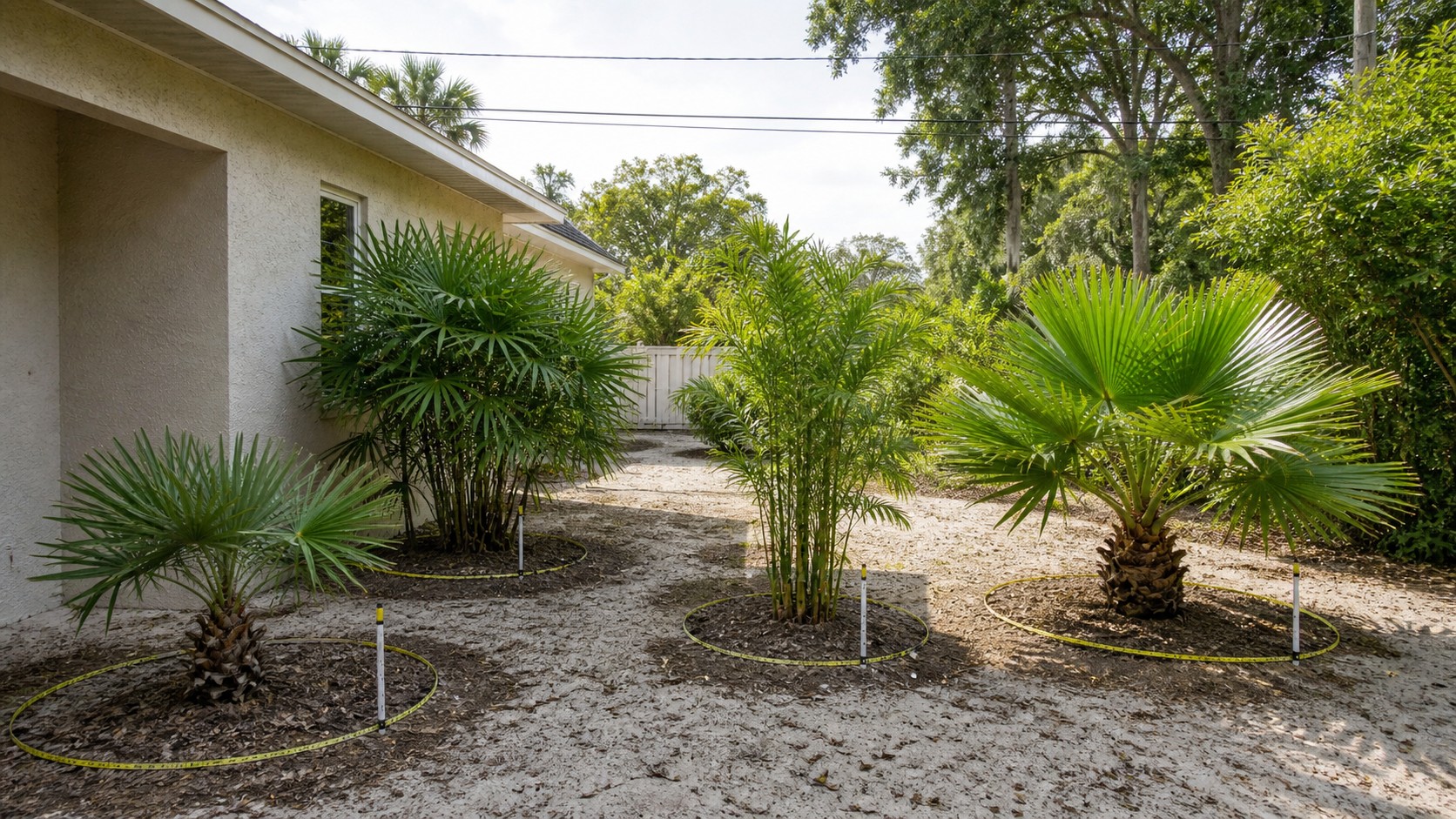 Four compact palm forms measured by mature canopy width in sun and shade on an Orlando lot